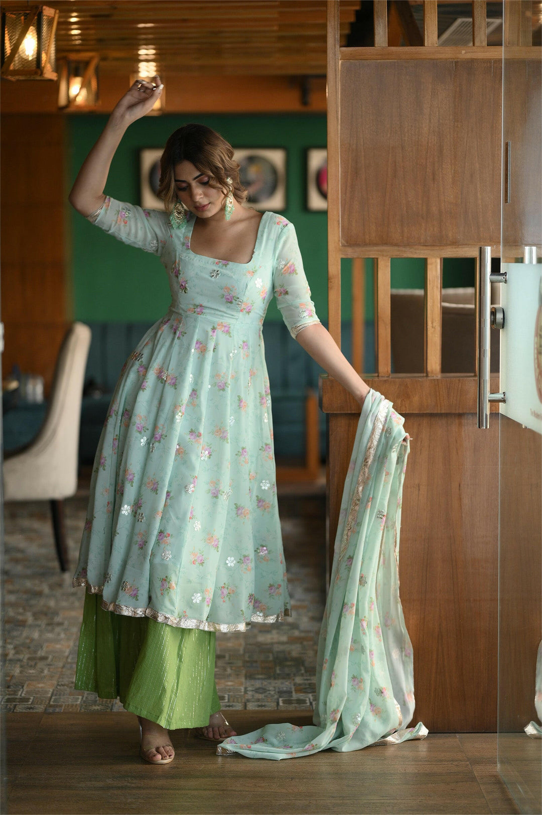 Sea Green Luxurious Viscose Georgette Anarkali Suit