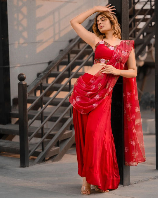 Red Sequence Handwork with Organza Dupatta