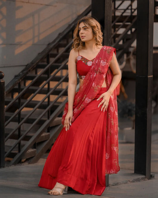 Red Sequence Handwork with Organza Dupatta
