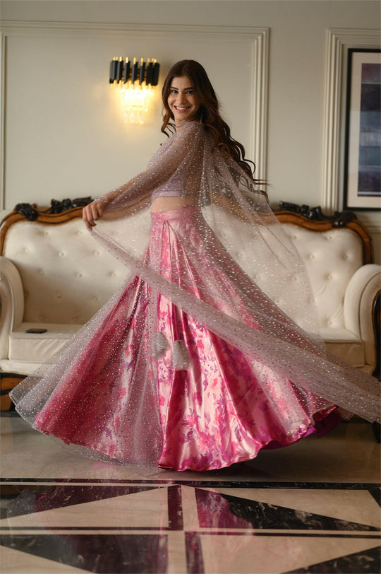 Pink Net Fabric Swarovski Designer Lehenga