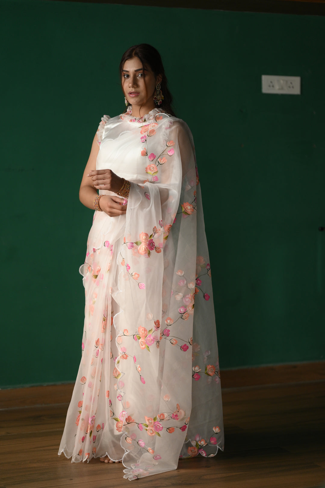 White Floral Print Organza Saree