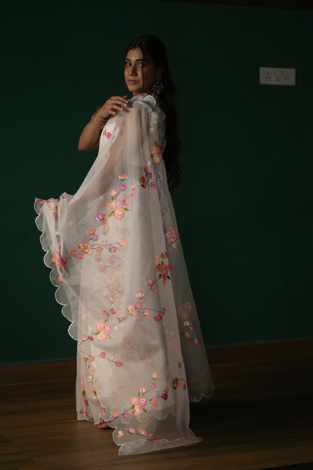 White Floral Print Organza Saree