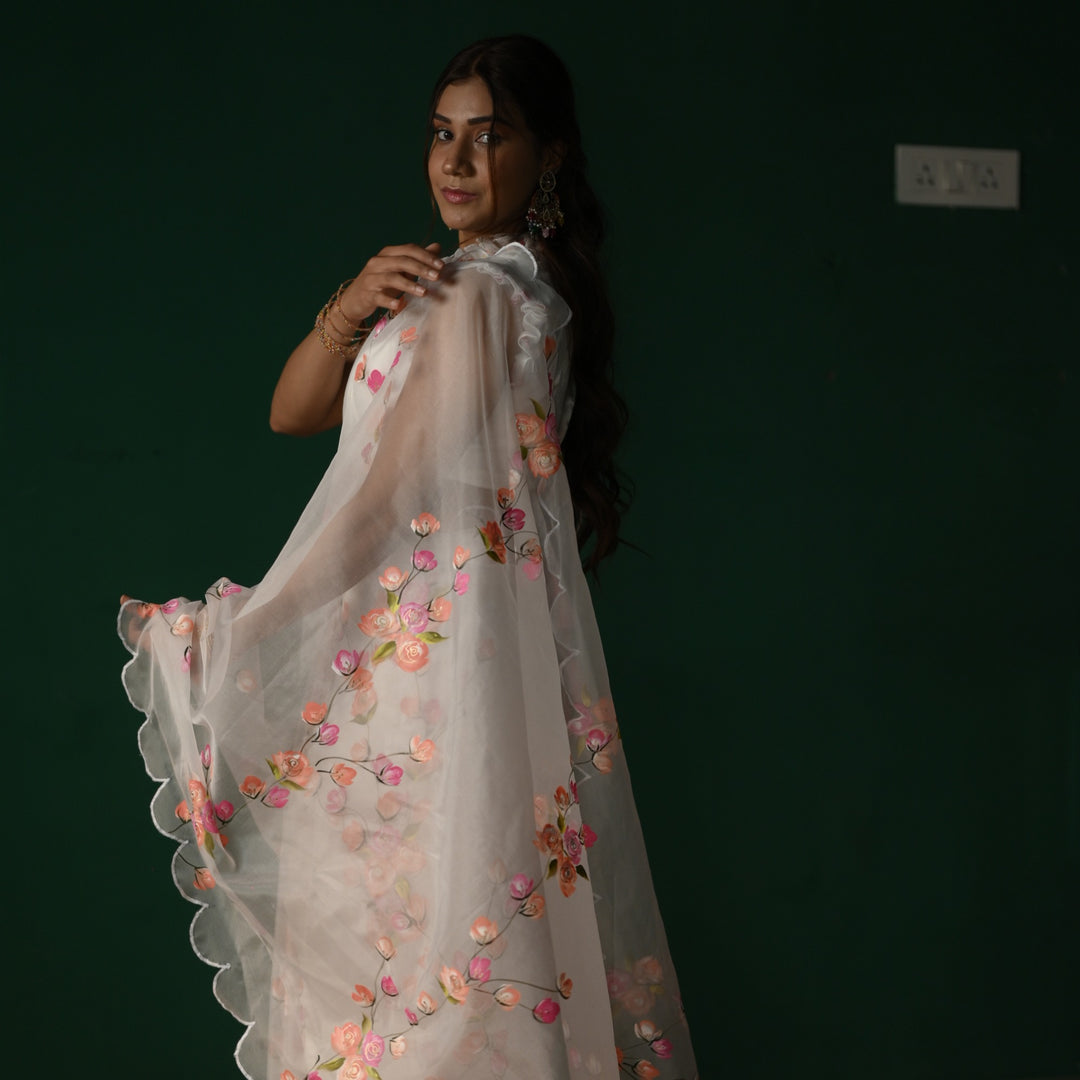 White Floral Print Organza Saree