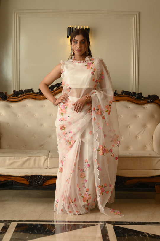 White Floral Print Organza Saree