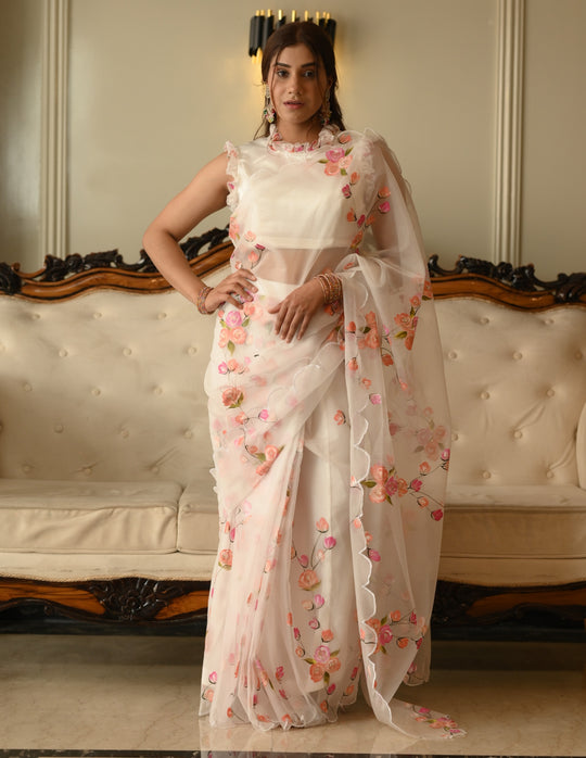 White Floral Print Organza Saree