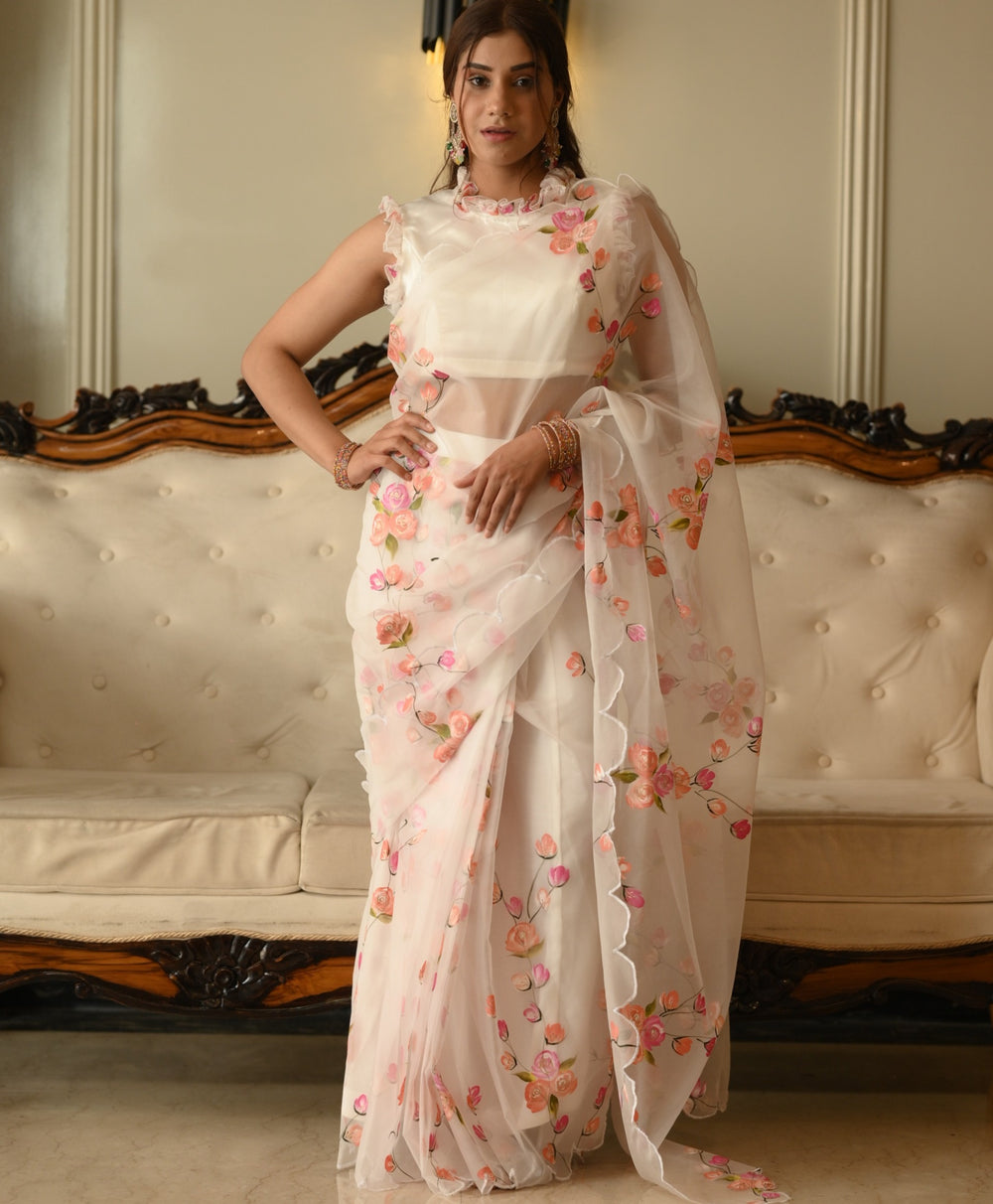 White Floral Print Organza Saree