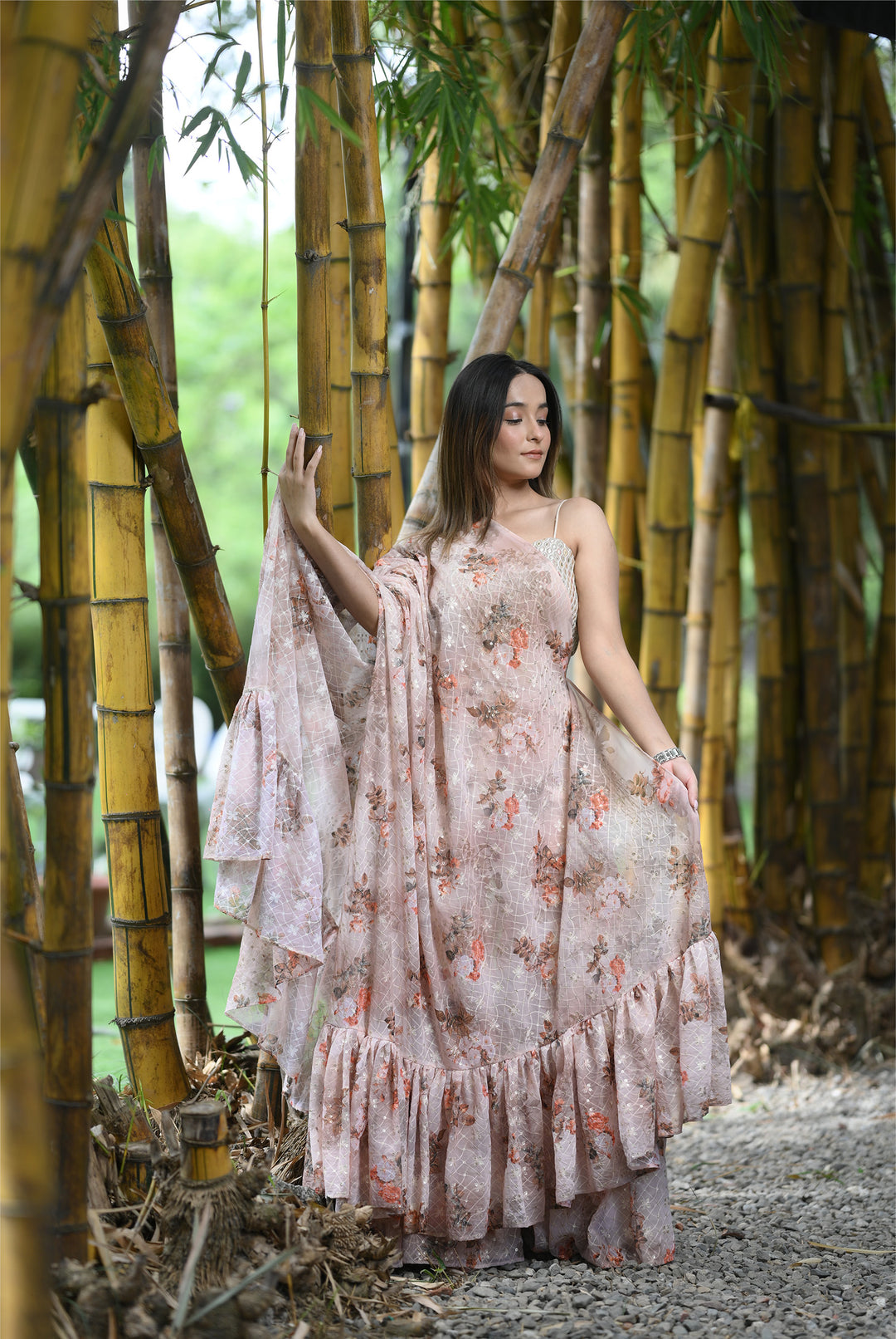 Beige Cotton Viscose And Lycra Sharara With Cape Saree
