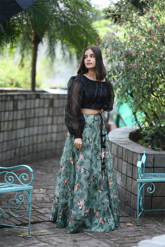 Designer Organza Lehenga Green Skirt