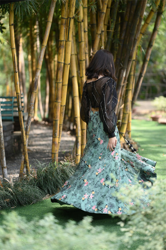 Designer Organza Lehenga Green Skirt