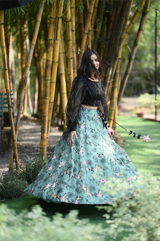 Designer Organza Lehenga Green Skirt