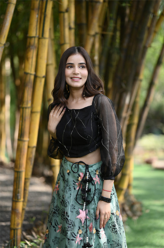 Designer Organza Lehenga Green Skirt