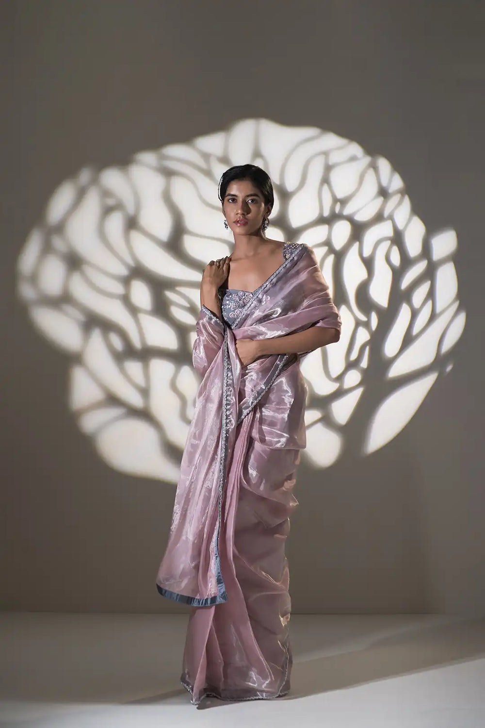 Powder Pink and Grey Pre Draped Saree