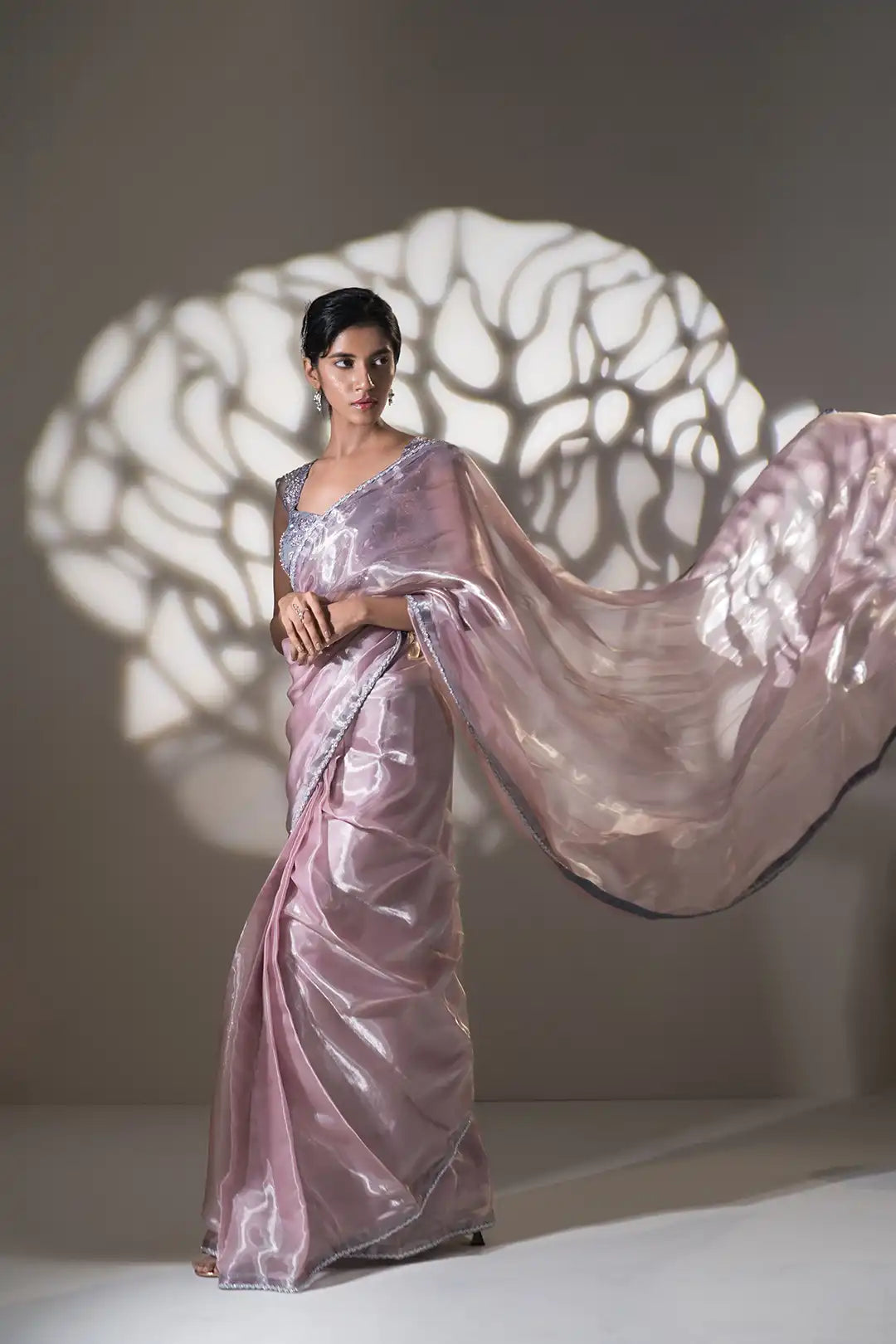 Powder Pink and Grey Pre Draped Saree
