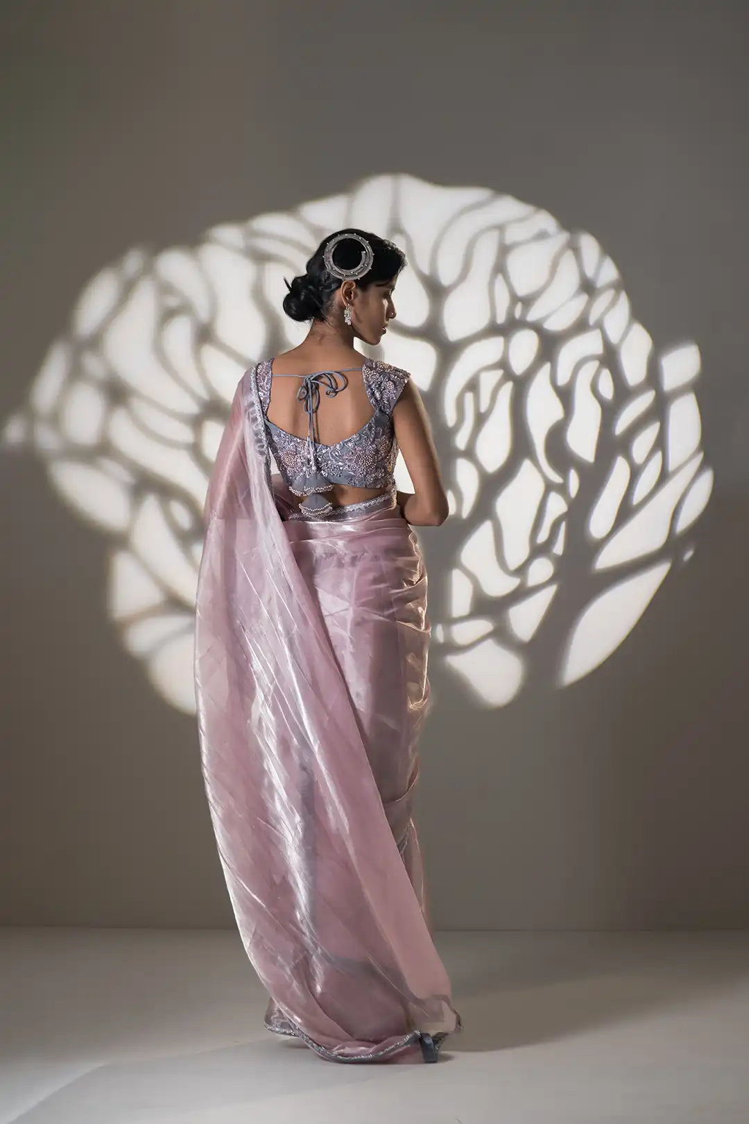 Powder Pink and Grey Pre Draped Saree