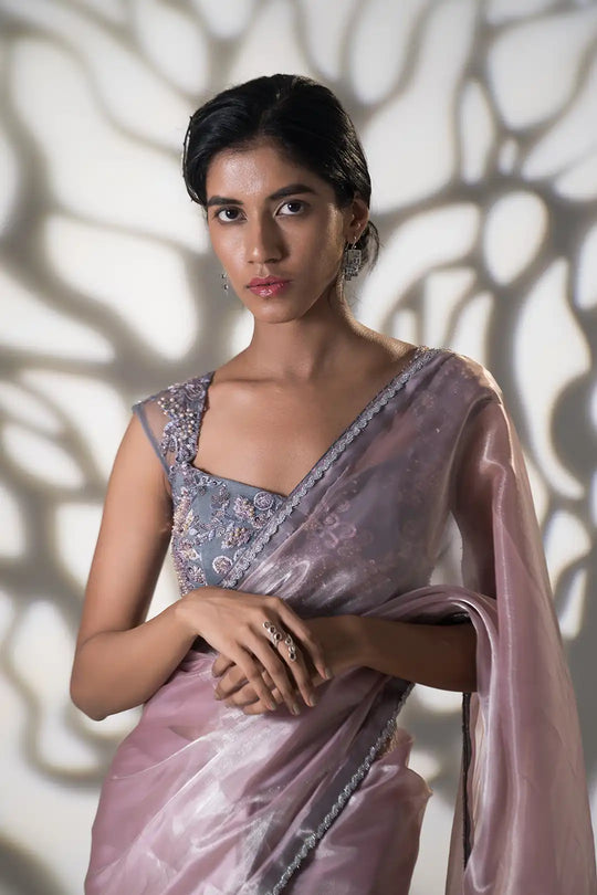 Powder Pink and Grey Pre Draped Saree