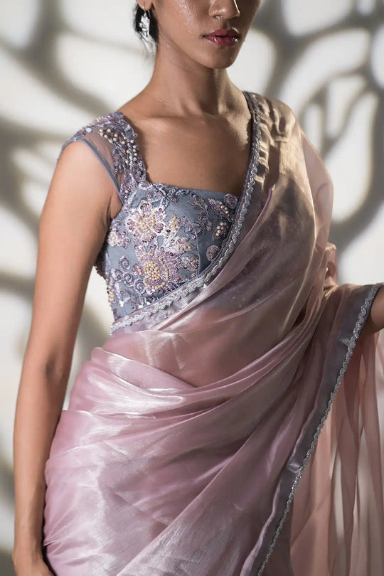 Powder Pink and Grey Pre Draped Saree