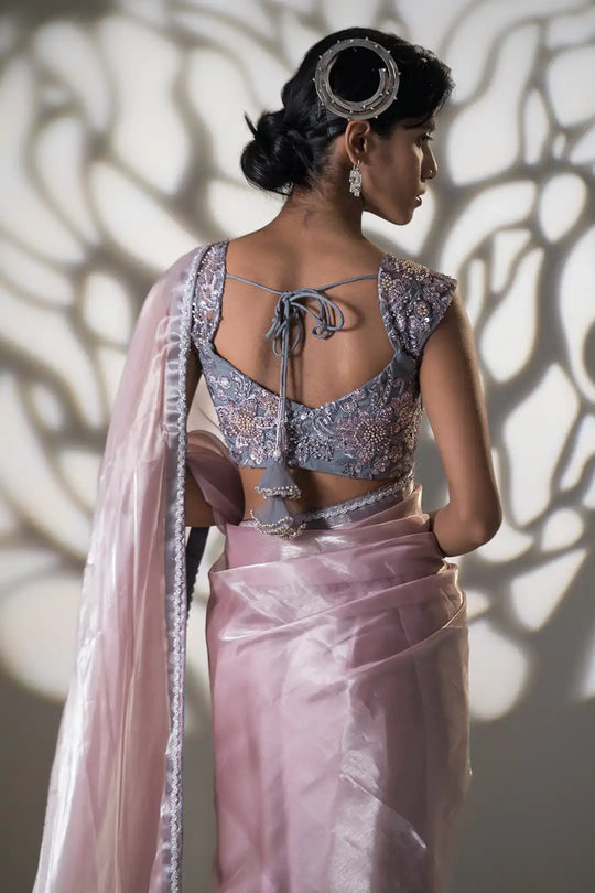 Powder Pink and Grey Pre Draped Saree