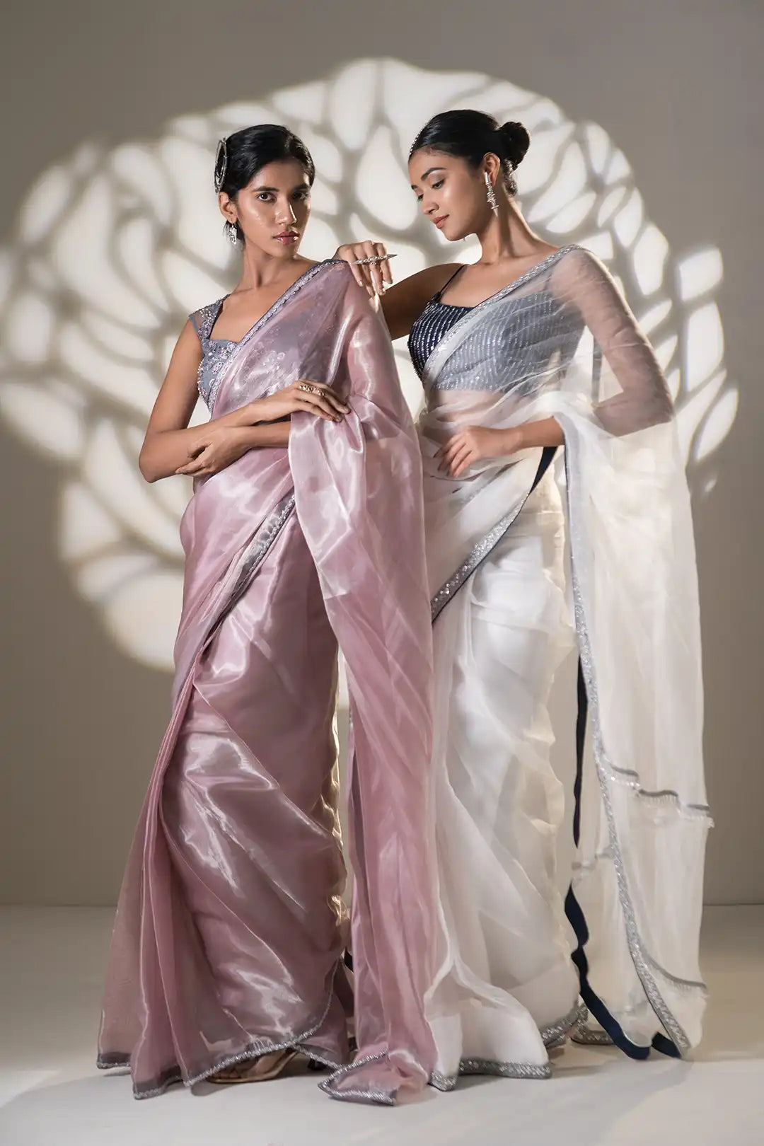 Powder Pink and Grey Pre Draped Saree