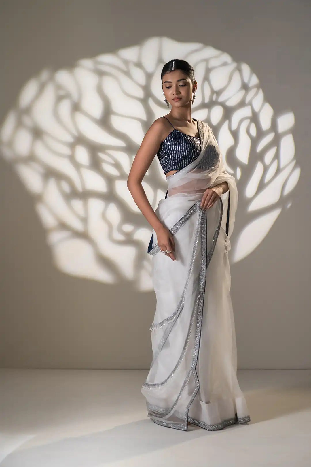 White Organza Pre-Drape Saree