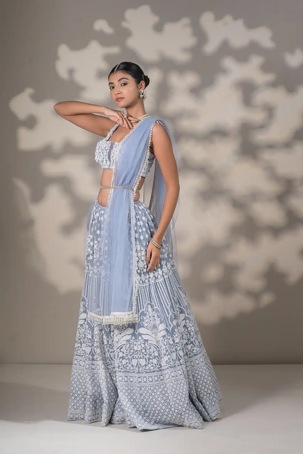 Pearl-Adorned Powder Blue Lehenga