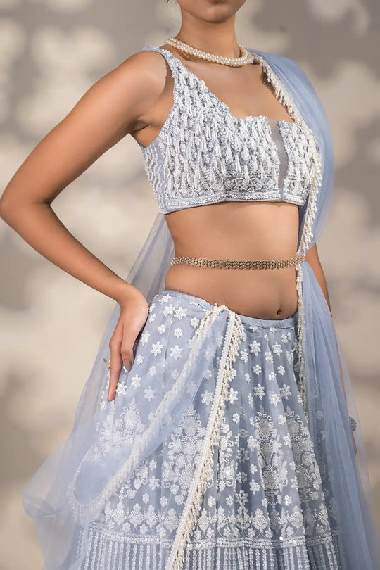 Pearl-Adorned Powder Blue Lehenga