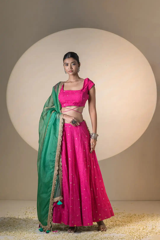 Pink & Green Lehanga & Organza Dupatta With Tassels