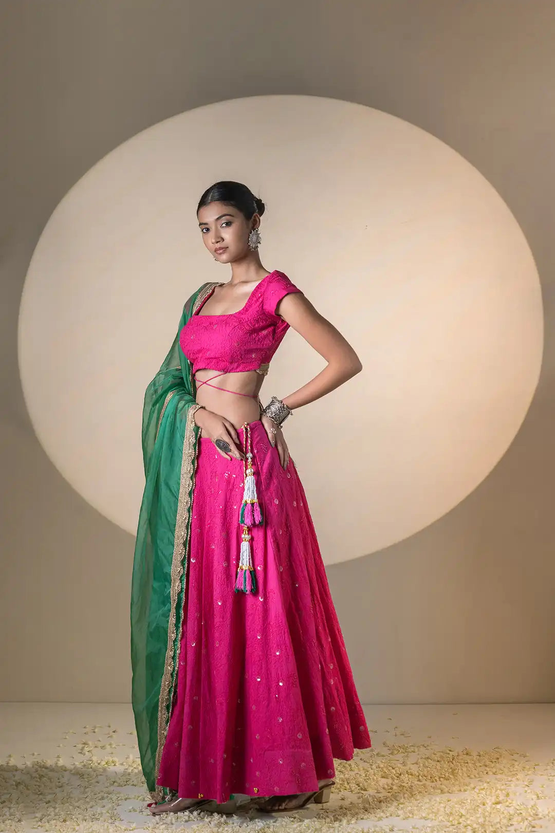 Pink & Green Lehanga & Organza Dupatta With Tassels