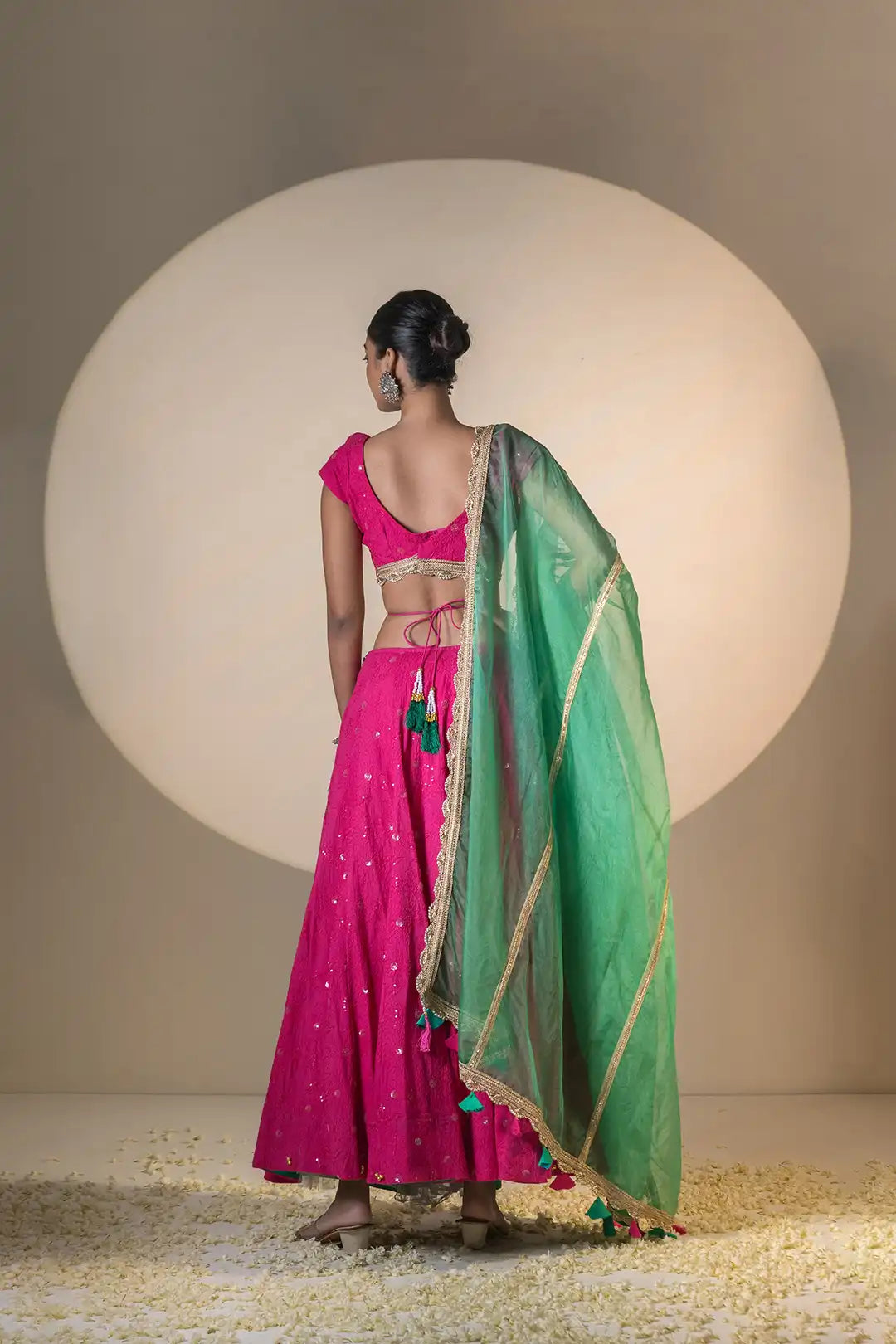 Pink & Green Lehanga & Organza Dupatta With Tassels