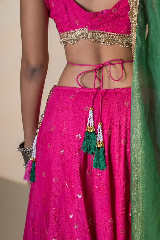 Pink & Green Lehanga & Organza Dupatta With Tassels