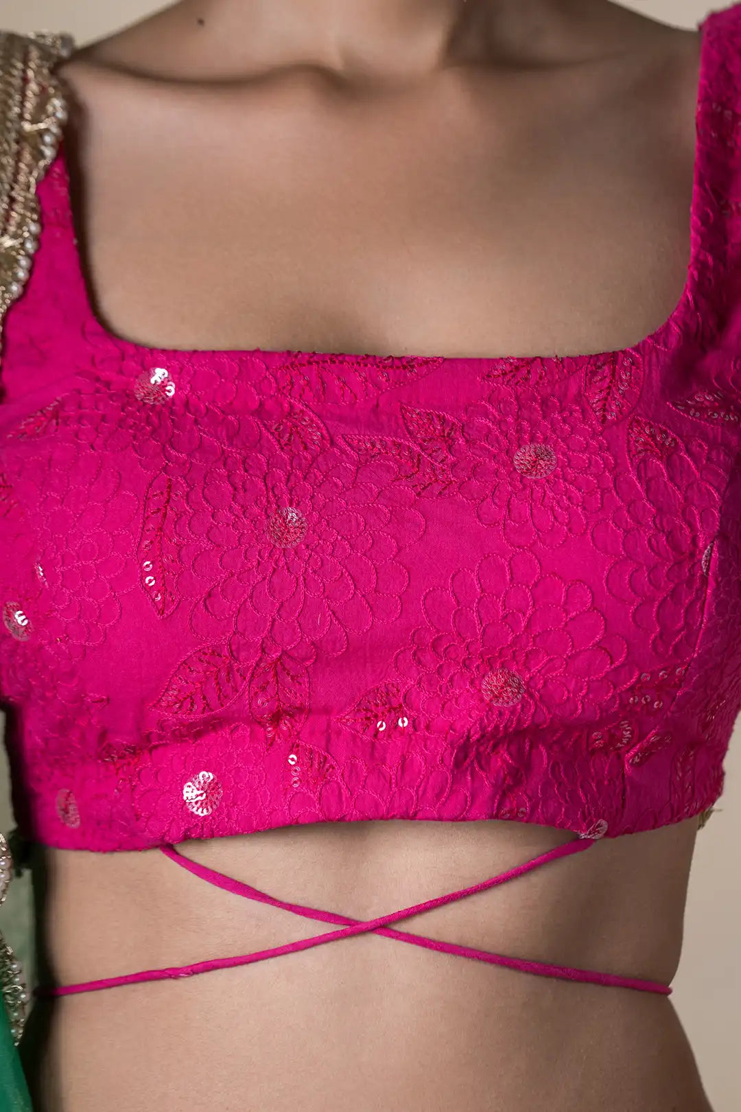 Pink & Green Lehanga & Organza Dupatta With Tassels