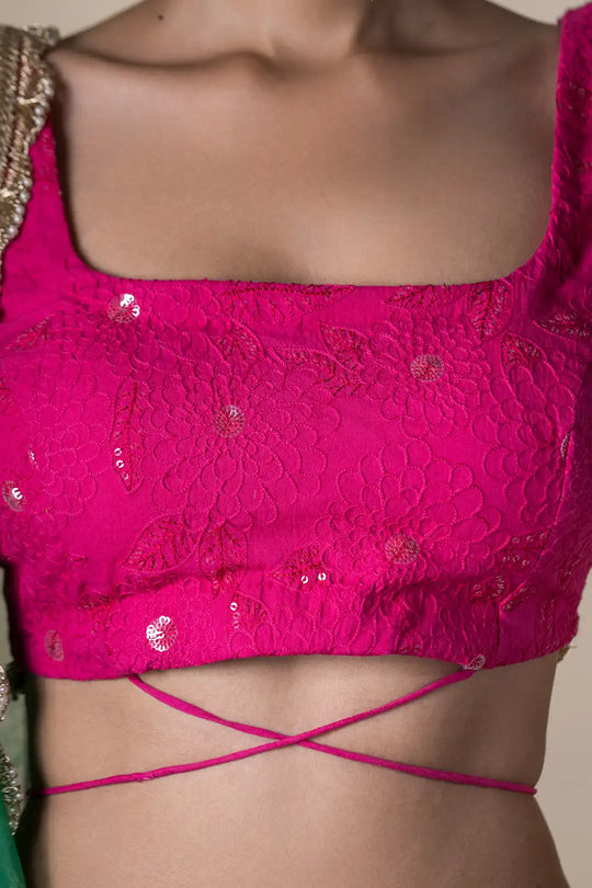 Pink & Green Lehanga & Organza Dupatta With Tassels