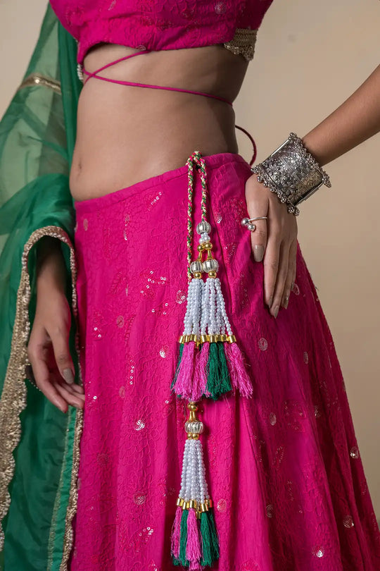 Pink & Green Lehanga & Organza Dupatta With Tassels