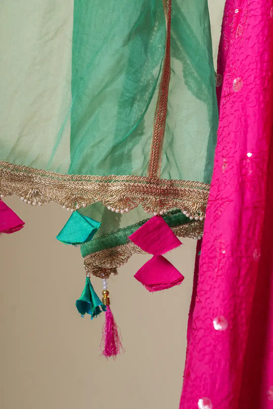 Pink & Green Lehanga & Organza Dupatta With Tassels