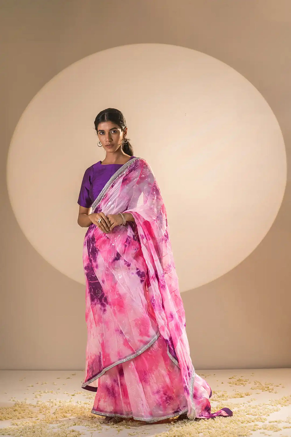 Pink & Purple Viscose Organza Pre-Drape Saree