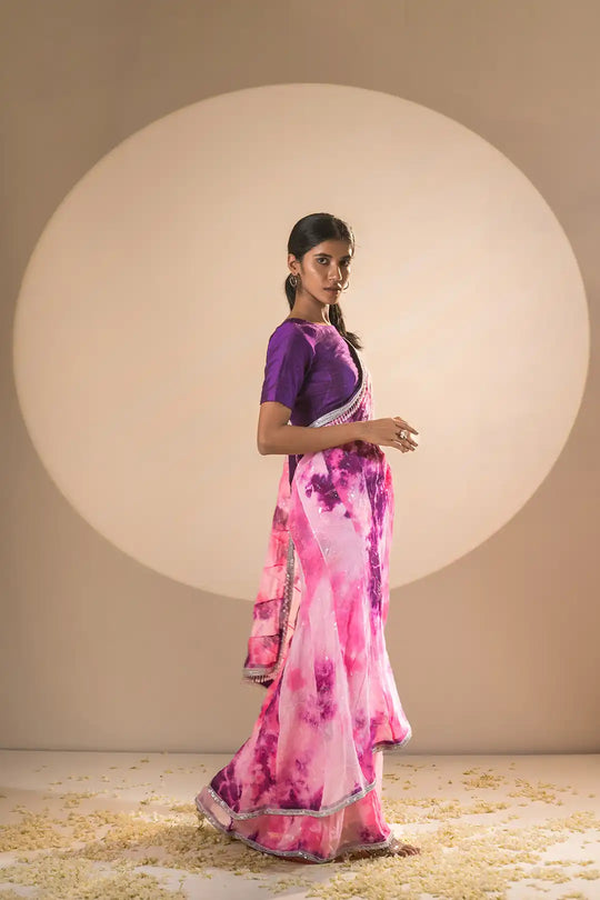 Pink & Purple Viscose Organza Pre-Drape Saree
