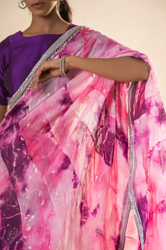 Pink & Purple Viscose Organza Pre-Drape Saree