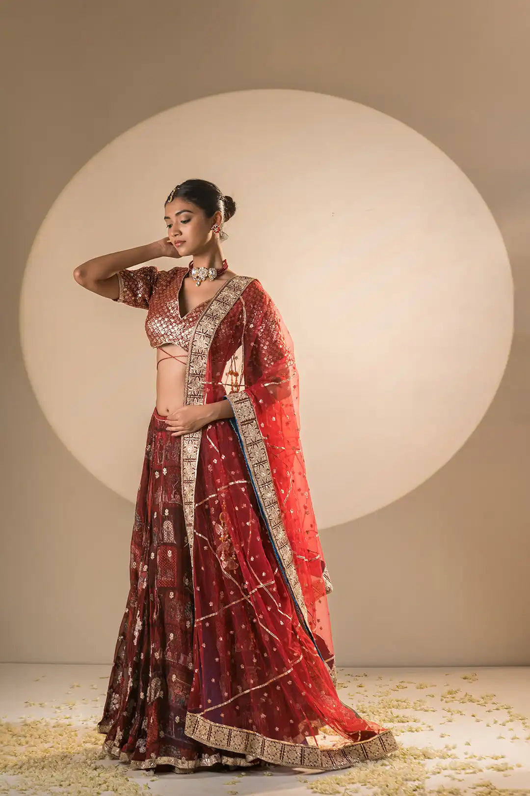 Red & Teel Organza and Georgette Double Gher Lehanga