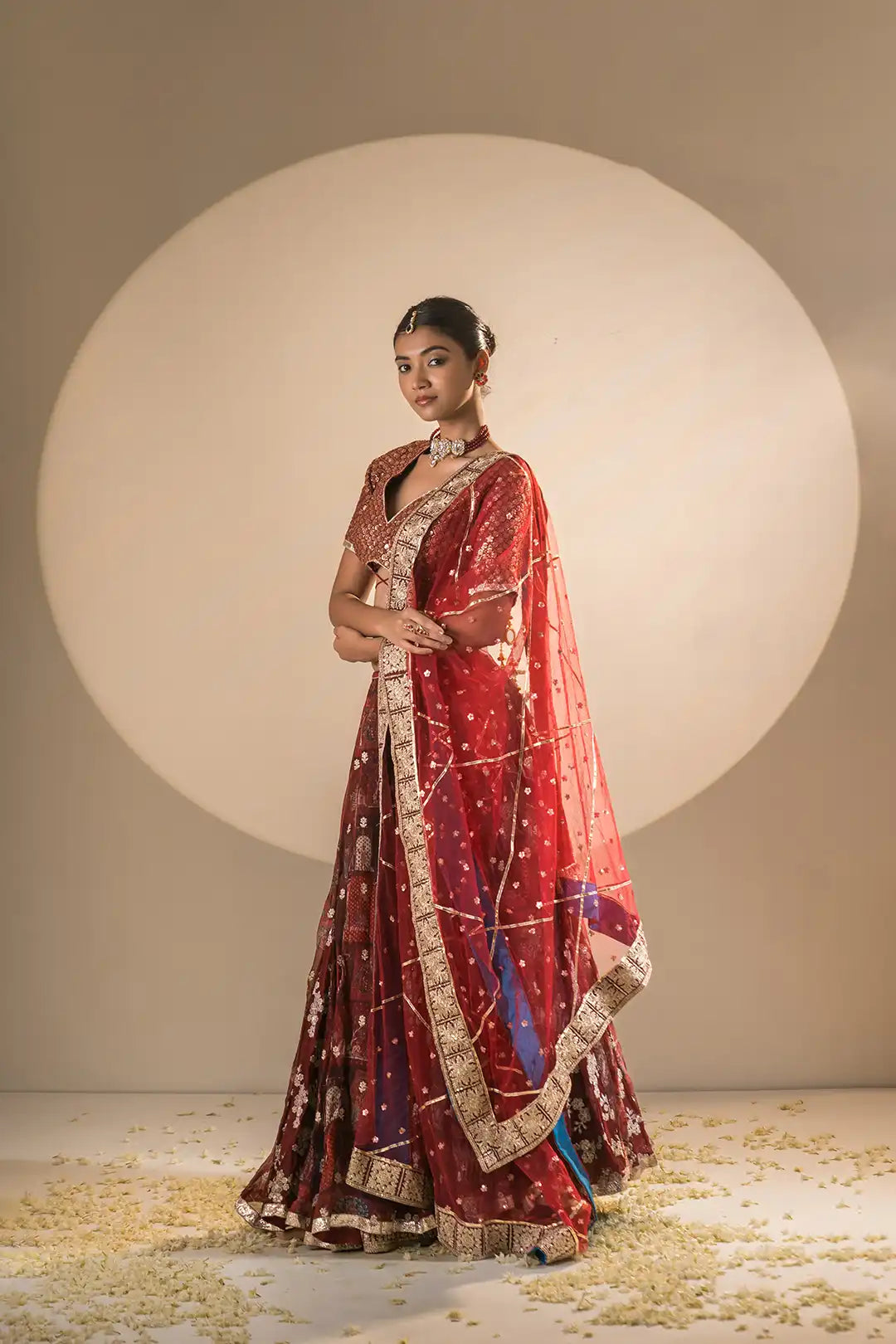 Red & Teel Organza and Georgette Double Gher Lehanga