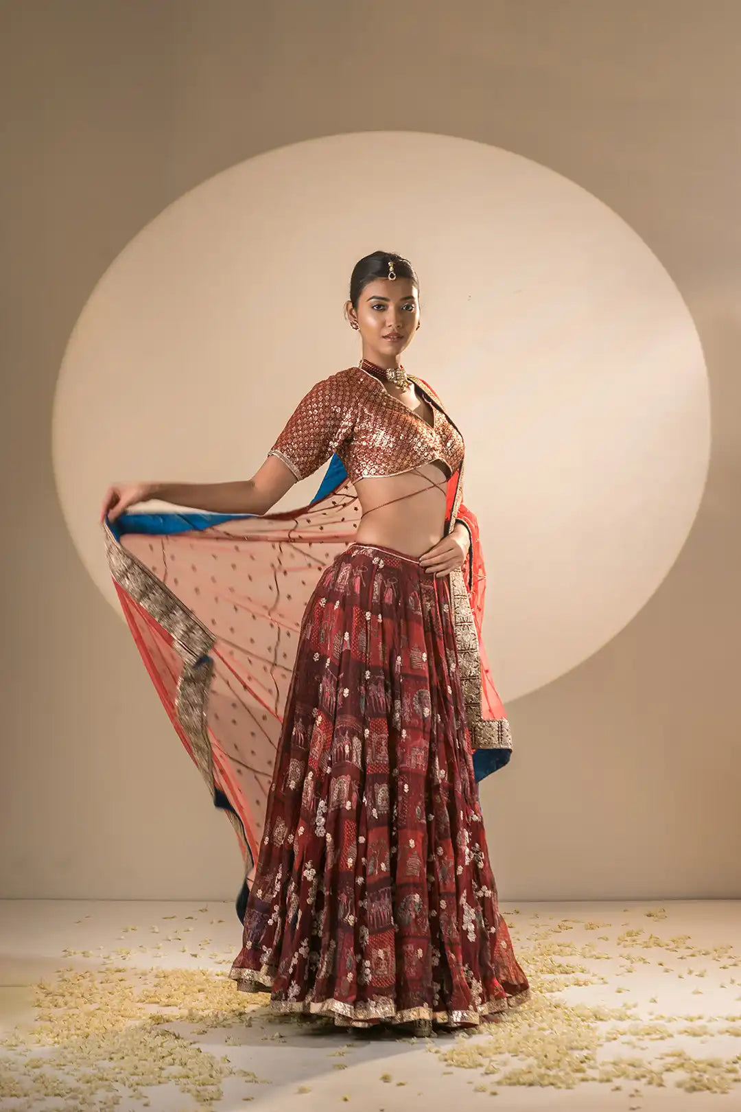 Red & Teel Organza and Georgette Double Gher Lehanga