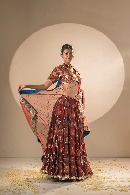 Red & Teel Organza and Georgette Double Gher Lehanga