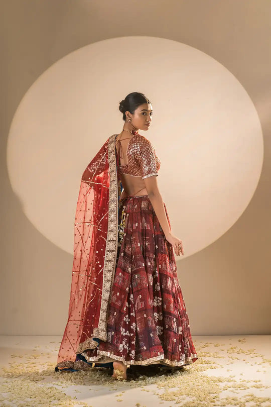 Red & Teel Organza and Georgette Double Gher Lehanga