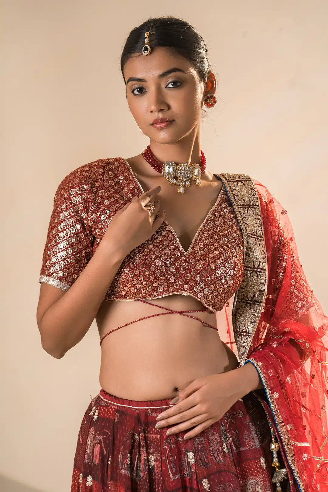 Red & Teel Organza and Georgette Double Gher Lehanga