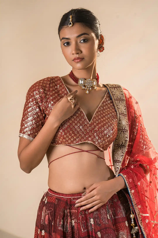Red & Teel Organza and Georgette Double Gher Lehanga
