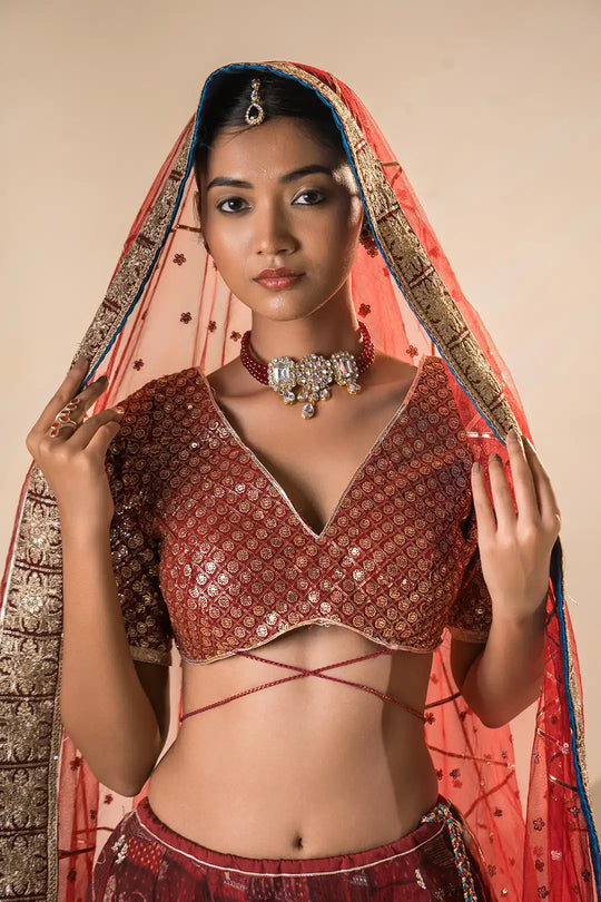 Red & Teel Organza and Georgette Double Gher Lehanga