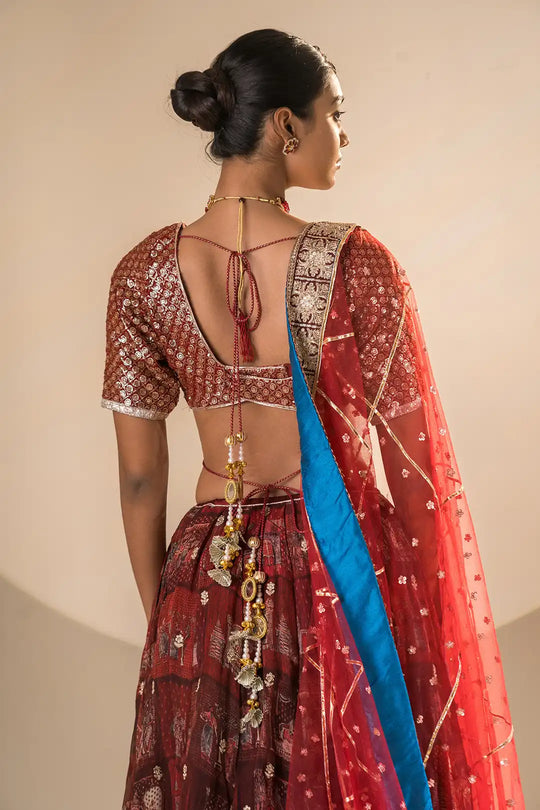 Red & Teel Organza and Georgette Double Gher Lehanga