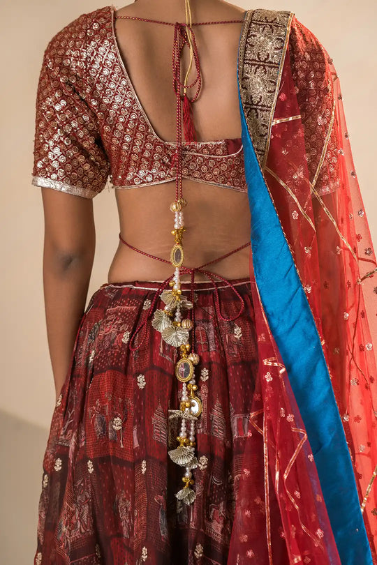 Red & Teel Organza and Georgette Double Gher Lehanga