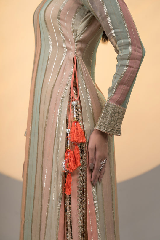 Peach and Green Georgette Kurta with Sharara