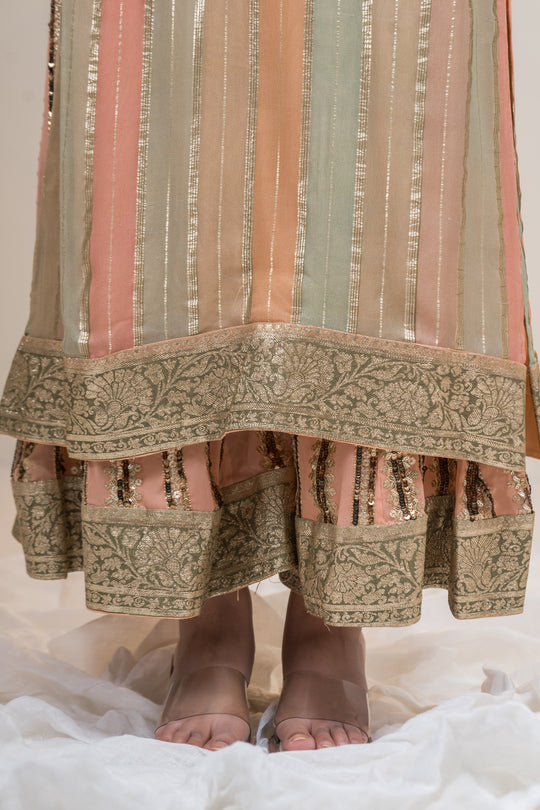 Peach and Green Georgette Kurta with Sharara