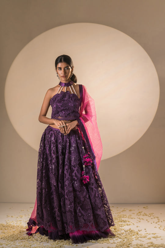 Full Gher Lehenga Purple & Pink Crepe Crochet