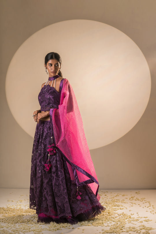 Full Gher Lehenga Purple & Pink Crepe Crochet